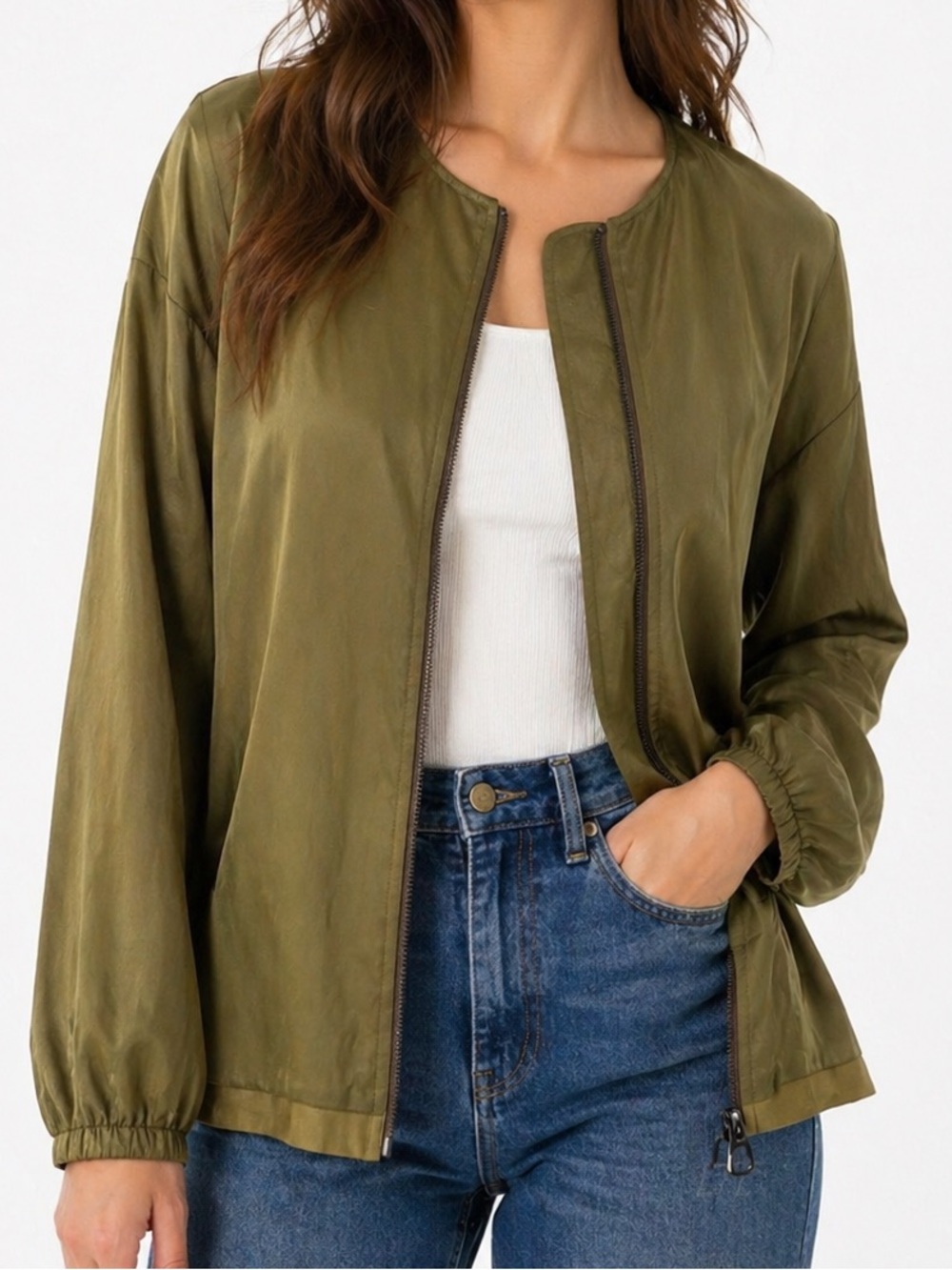 CLASSIQUES ENTIER Viscose Linen Olive Green Zip-Front Bomber Jacket